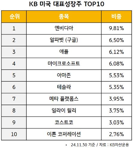 'kb 미국 대표성장주' 펀드의 포트폴리오 상위 10개 종목 현황.